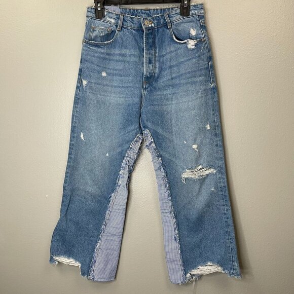 Zara Distressed Jeans Womens 2  Flare Cropped Blue TRF Denim IX'D‎ Makers - Picture 1 of 10